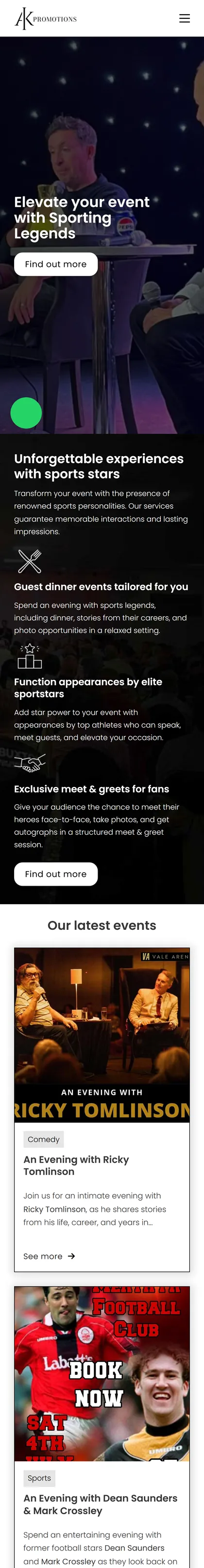 AK Promotions website on a phone
