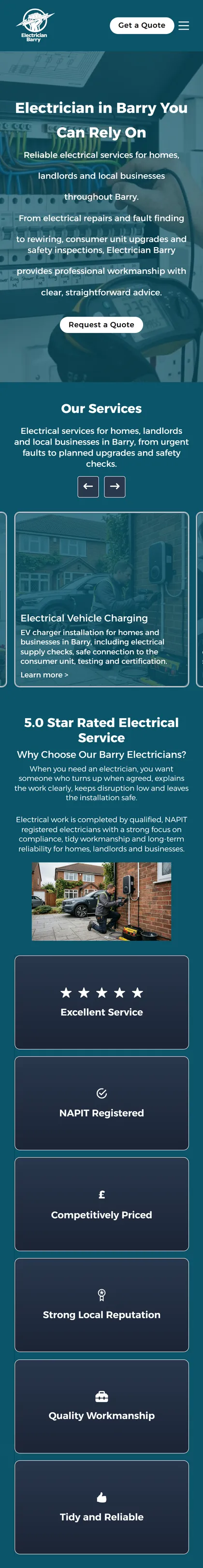 Electrician Barry website on a phone