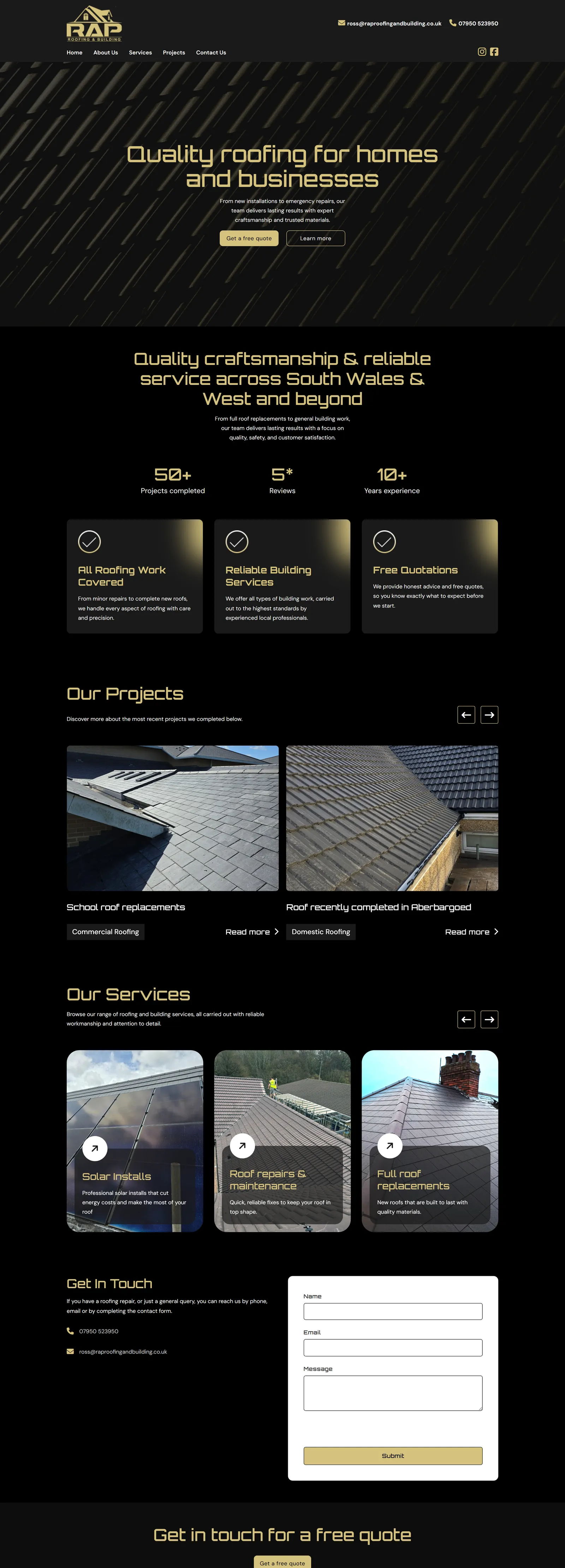 RAP Roofing and Building website on a desktop screen